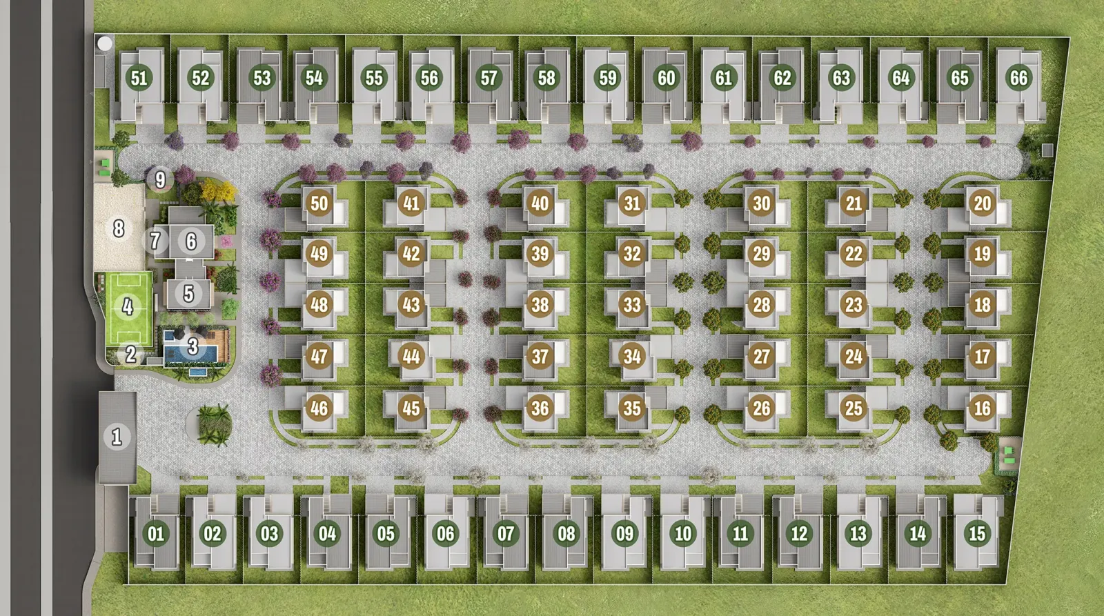 Implantação do Residencial Maziero vista de cima, com as 66 casas numeradas, as ruas internas e a área de lazer (perspectiva ilustrada)