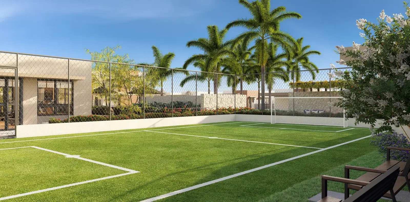 Mini campo de futebol gramado, com trave, alambrado e bancos (perspectiva ilustrada)