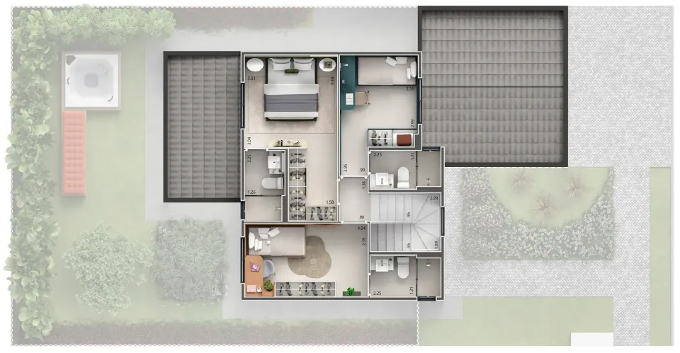 Planta humanizada do pavimento superior do sobrado, com as suítes e o hall da escada (planta ilustrativa)