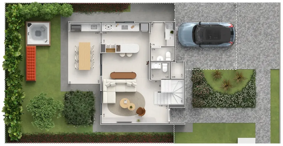 Planta humanizada do pavimento térreo do sobrado, com sala, cozinha, varanda gourmet, lavabo, escada e garagem (planta ilustrativa)